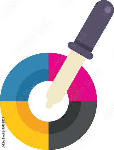 Eyedropper picking color from a cmyk color wheel, concept of graphic design