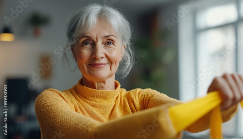 Senior woman engaged in homebased physiotherapy with resistance bands, stretching for muscle and joint pain relief, backache and shoulder rehabilitation photo