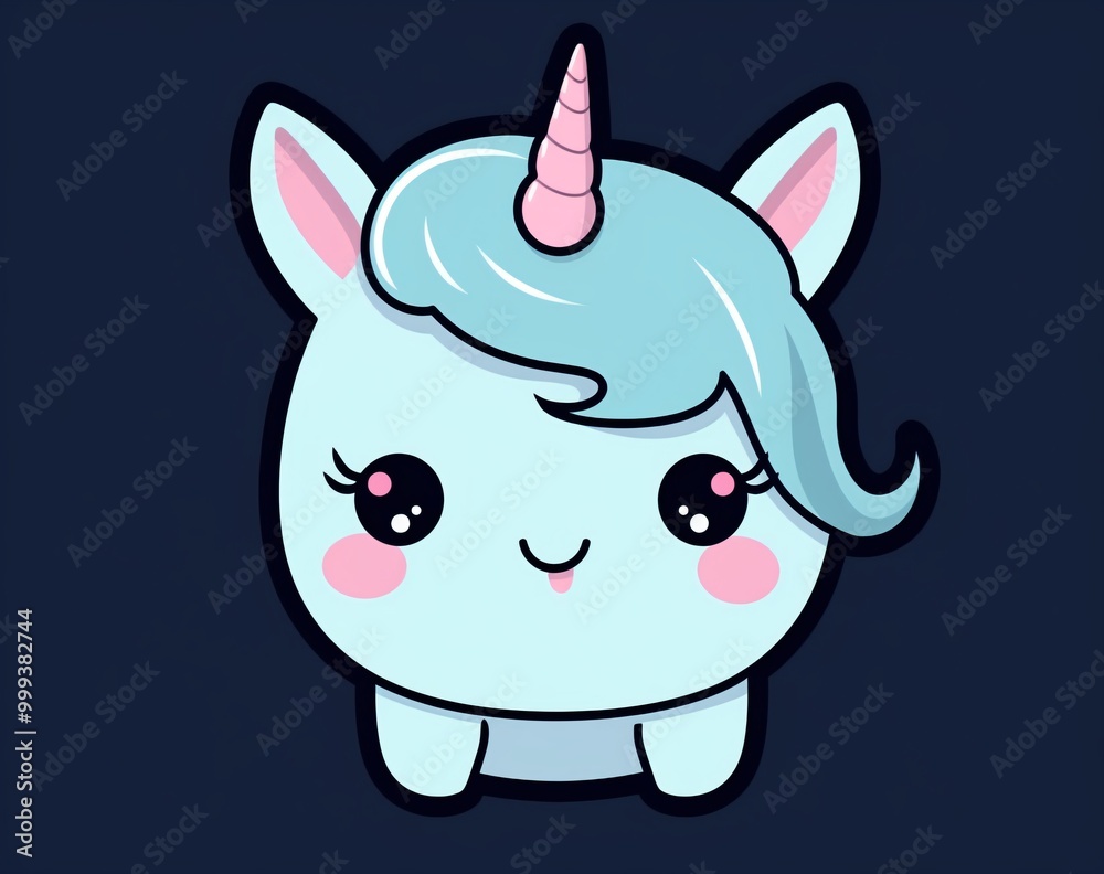 Fototapeta premium Cute Kawaii Unicorn Illustration with Adorable Expression on Dark Background, Ideal for Kids Products and Cartoons