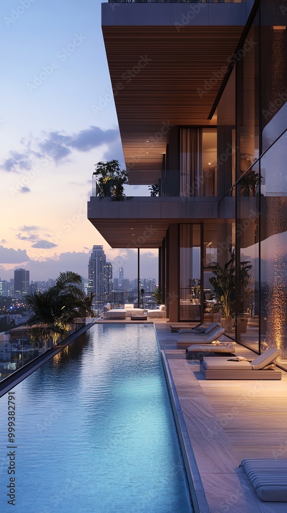 Obraz premium Luxury apartment building with rooftop pool and city views.