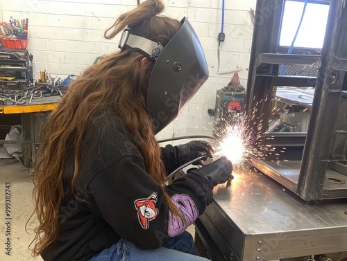 Young woman welding in a workshop with sparks flying