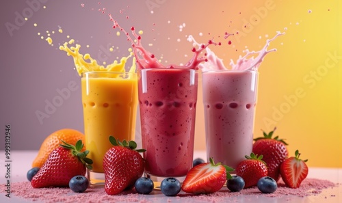 Vibrant and refreshing fruit smoothies in three colorful glasses, ideal for health-focused marketing, restaurants, and beverage promotions.