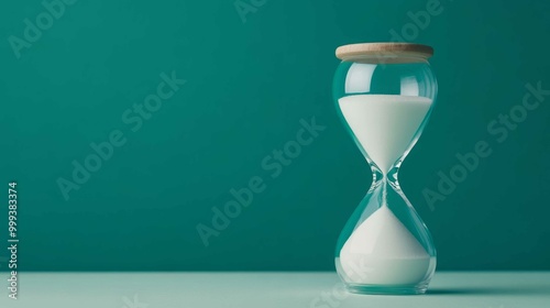 A clear glass hourglass filled with white sand sits against a teal background, symbolizing the passage of time and the measurement of moments.