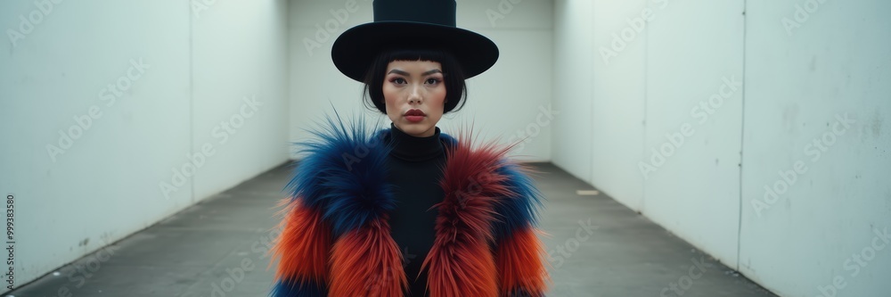 A striking model in an extravagant fur coat and hat, showcasing modern fashion in a minimalist setting. Perfect for editorial, fashion, and advertising concepts. A striking model in an extravagant fur coat and hat, showcasing modern fashion in a minimalist setting. Perfect for editorial, fashion, and advertising concepts.