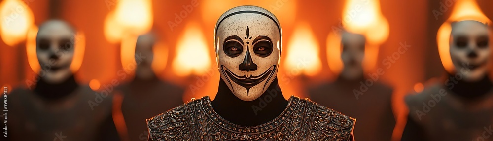 A mysterious figure in a dark setting, wearing an intricate mask, surrounded by eerie flames, evoking themes of ritual and intrigue. A mysterious figure in a dark setting, wearing an intricate mask, surrounded by eerie flames, evoking themes of ritual and intrigue.