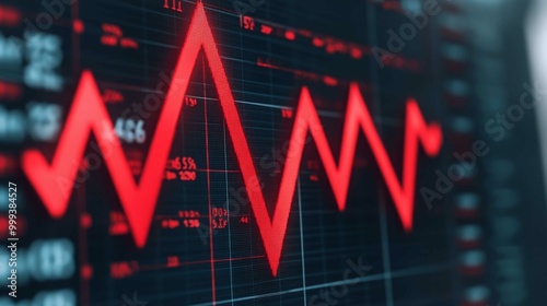 The image depicts a red graph with fluctuating lines, symbolizing sharp market movements or data trends in a digital financial display.