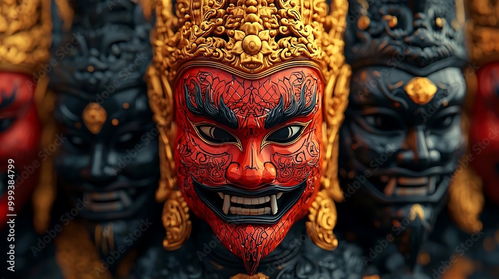 Intricate painted masks, portraying fierce deities, adorned with rich colors and elaborate details, showcasing cultural artistry. Intricate painted masks, portraying fierce deities, adorned with rich colors and elaborate details, showcasing cultural artistry.