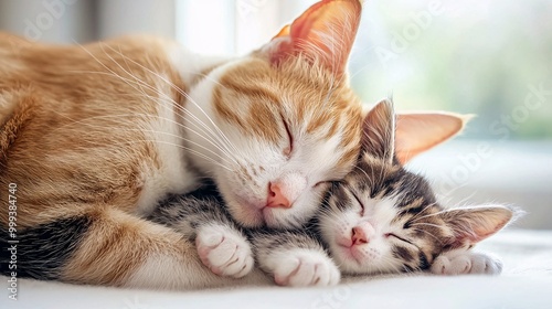 Ginger and tabby cats sleeping together peacefully