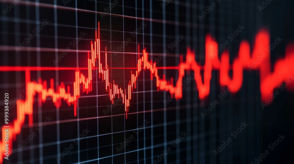 A close-up of a fluctuating red graph line on a dark grid background, representing data trends, potentially related to finance or health metrics.