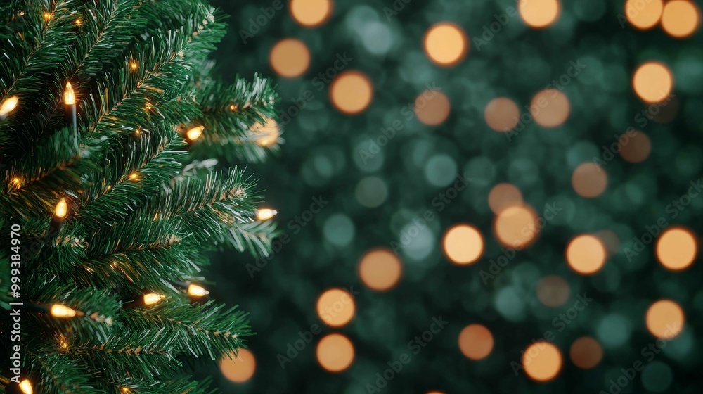 A close-up of a Christmas tree adorned with warm lights, set against a blurred background of glowing bokeh, creating a festive atmosphere.