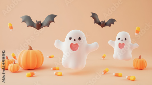 Halloween scene with ghosts and bats flying around