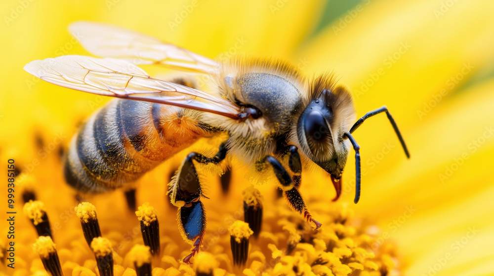Fototapeta premium close up of bee pollinating bright yellow sunflower, showcasing intricate details of its body and wings. vibrant colors highlight beauty of nature and essential role of bees in ecosystem