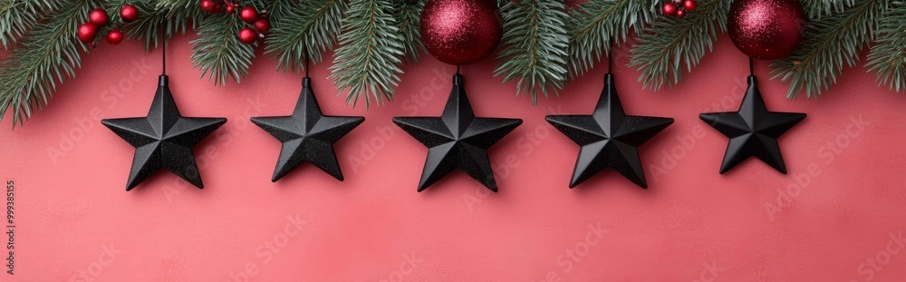 A festive display featuring black stars and red ornaments against a green pine background, creating a seasonal holiday atmosphere.