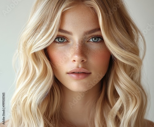 Beautiful blonde woman posing with long wavy hair