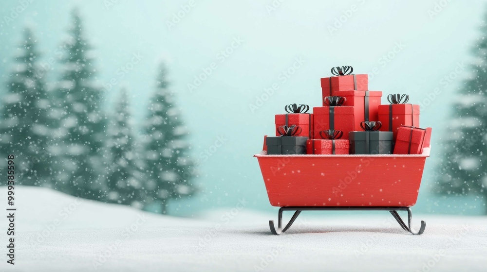 A festive scene featuring a red sleigh filled with neatly wrapped gifts, set against a snowy landscape and evergreen trees. A festive scene featuring a red sleigh filled with neatly wrapped gifts, set against a snowy landscape and evergreen trees.