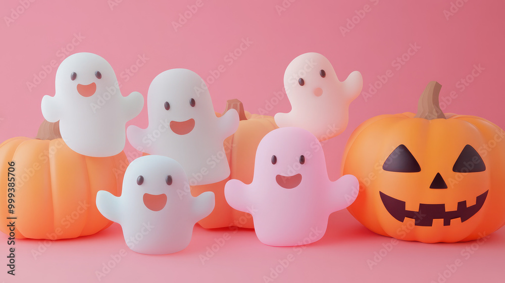 A group of Halloween themed ghosts are standing next to a pumpkin