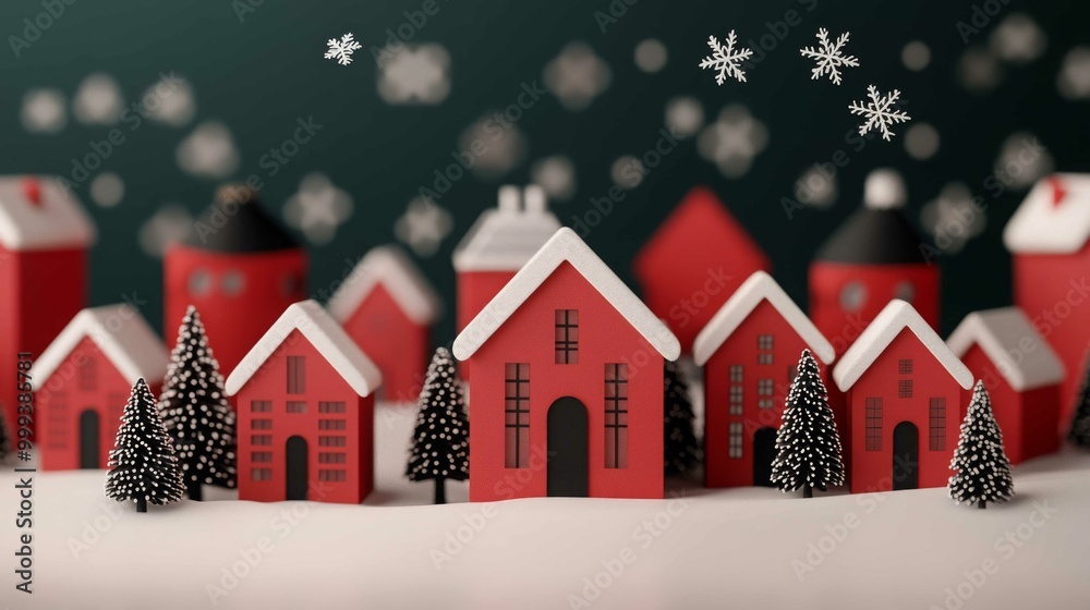 A charming scene of red paper houses set against a festive backdrop, adorned with miniature trees and falling snowflakes, evoking a cozy winter atmosphere.
