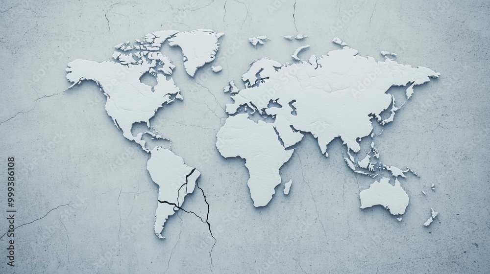 A textured, white map of the world on a concrete background, emphasizing global geography in a minimalist design.