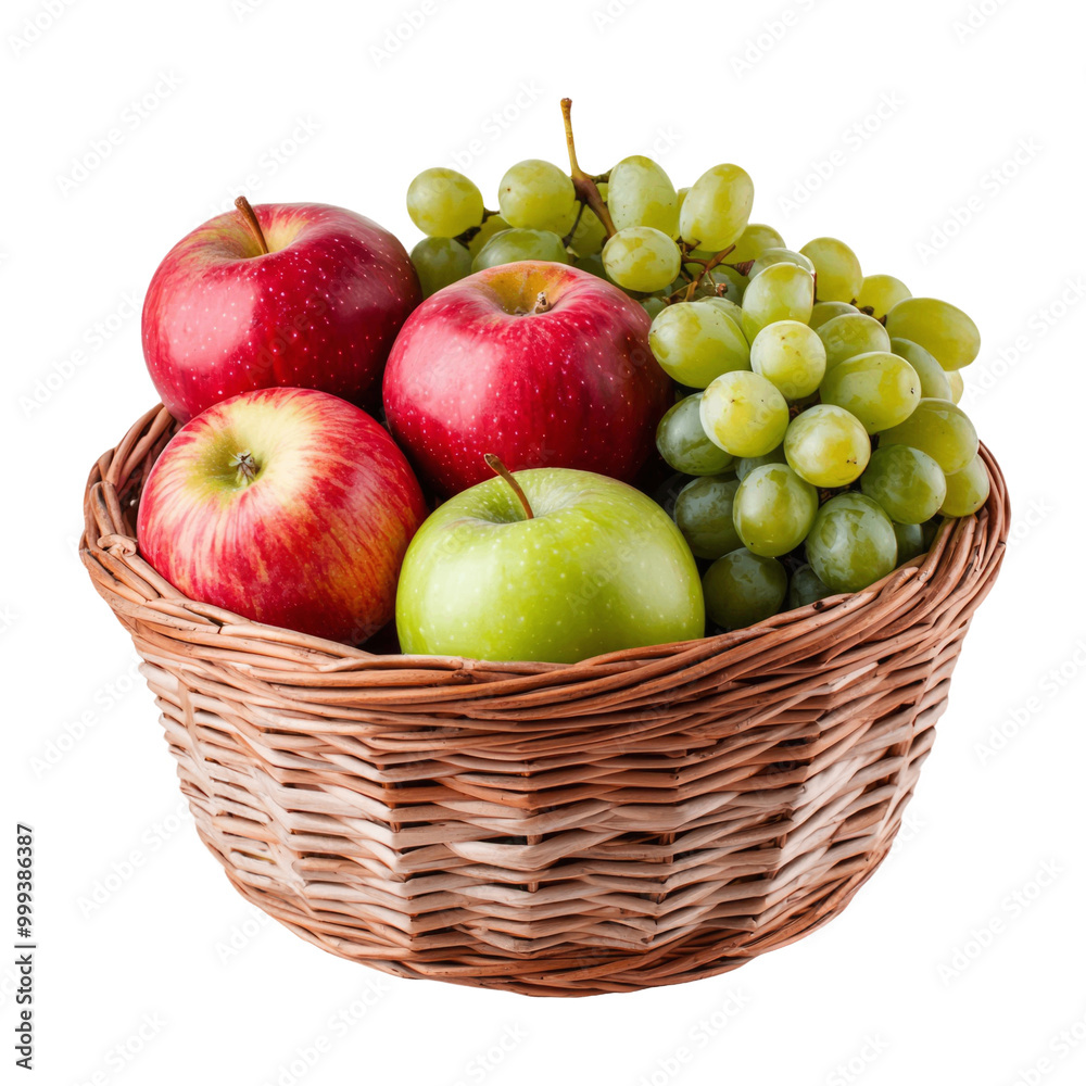 Fresh red and green apples alongside green grapes fill natural wicker basket, creating vibrant and inviting display of fruit. This arrangement evokes sense of abundance and health Fresh red and green apples alongside green grapes fill natural wicker basket, creating vibrant and inviting display of fruit. This arrangement evokes sense of abundance and health