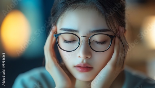 Young Asian woman with blurry vision and eye strain, tired eyes rubbed for relief, experiencing dry eye and migraine symptoms after long laptop use, glasses on