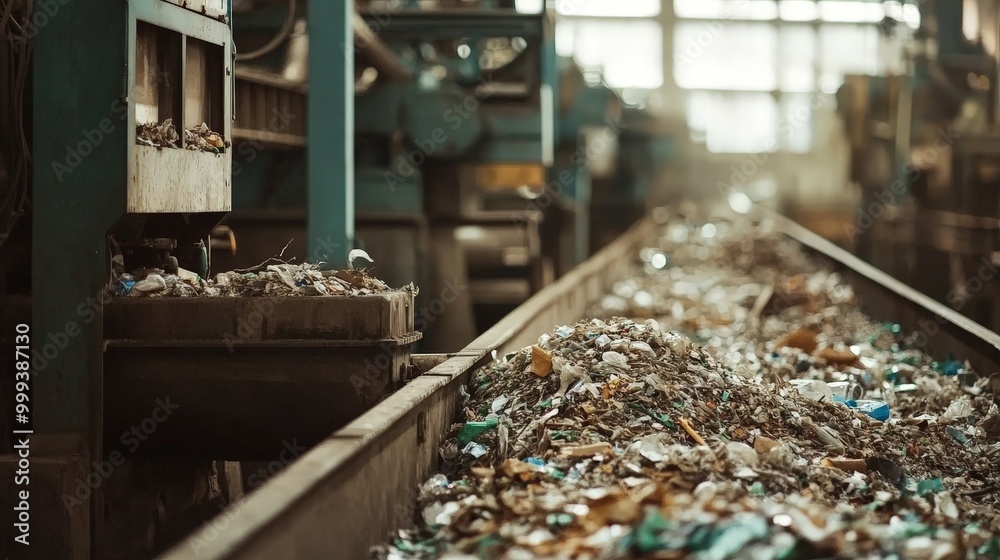 A recycling plant processing waste materials into new raw products, with machinery transforming discarded items into reusable materials. A recycling plant processing waste materials into new raw products, with machinery transforming discarded items into reusable materials.