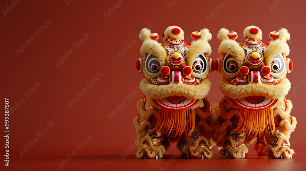 Fototapeta premium Colorful lion dance figures on a vibrant background