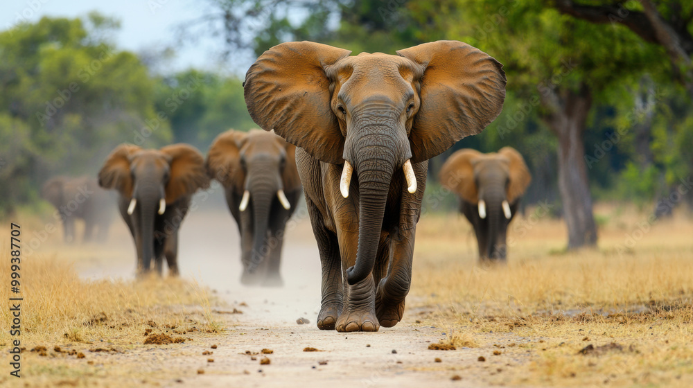 Fototapeta premium herd of elephants walking across dusty African landscape, showcasing their majestic presence and strong social bonds. scene captures beauty of wildlife in its natural habitat