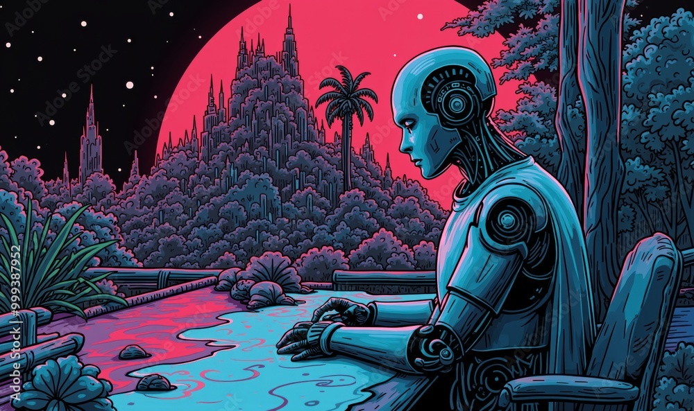 A futuristic robotic figure gazes serenely at a vibrant landscape, blending technology and nature, evoking themes of innovation, tranquility, and the merging of worlds. A futuristic robotic figure gazes serenely at a vibrant landscape, blending technology and nature, evoking themes of innovation, tranquility, and the merging of worlds.