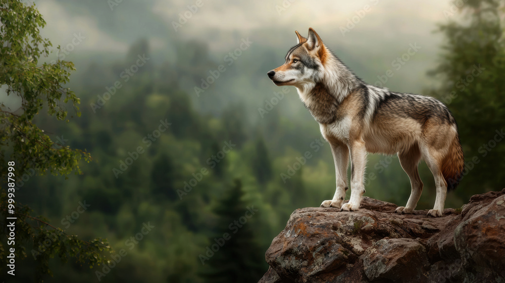 Fototapeta premium lone wolf standing on rocky ledge, overlooking lush green forest. majestic animal exudes strength and grace, embodying spirit of wild