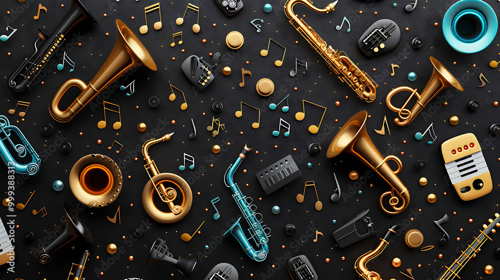 Fototapeta premium Colorful Musical Instruments on Black Background