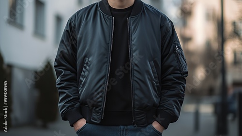 Closeup of a man wearing a black bomber jacket, with hands in pockets. photo