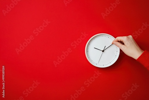 A hand turning the hands of an analog clock on a red background