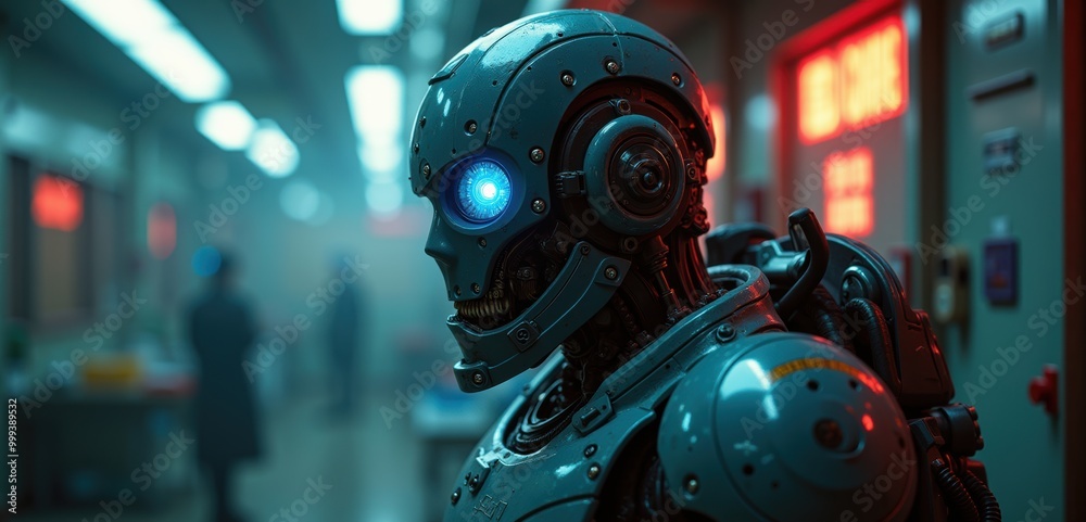 A futuristic robot with a glowing blue eye stands in a dimly lit corridor, embodying advanced technology and innovation in robotics and artificial intelligence. A futuristic robot with a glowing blue eye stands in a dimly lit corridor, embodying advanced technology and innovation in robotics and artificial intelligence.