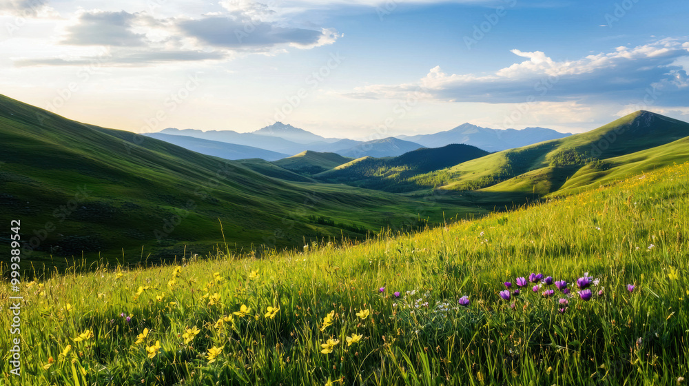 panoramic view of rolling green hills adorned with vibrant wildflowers under clear blue sky evokes sense of tranquility and natural beauty panoramic view of rolling green hills adorned with vibrant wildflowers under clear blue sky evokes sense of tranquility and natural beauty