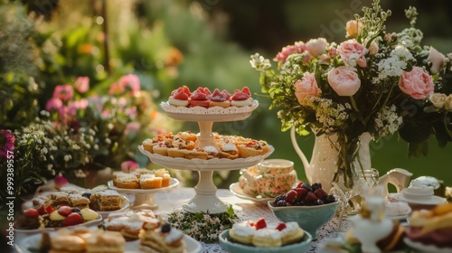 A beautiful outdoor table setting with various pastries, fruit, and flowers.