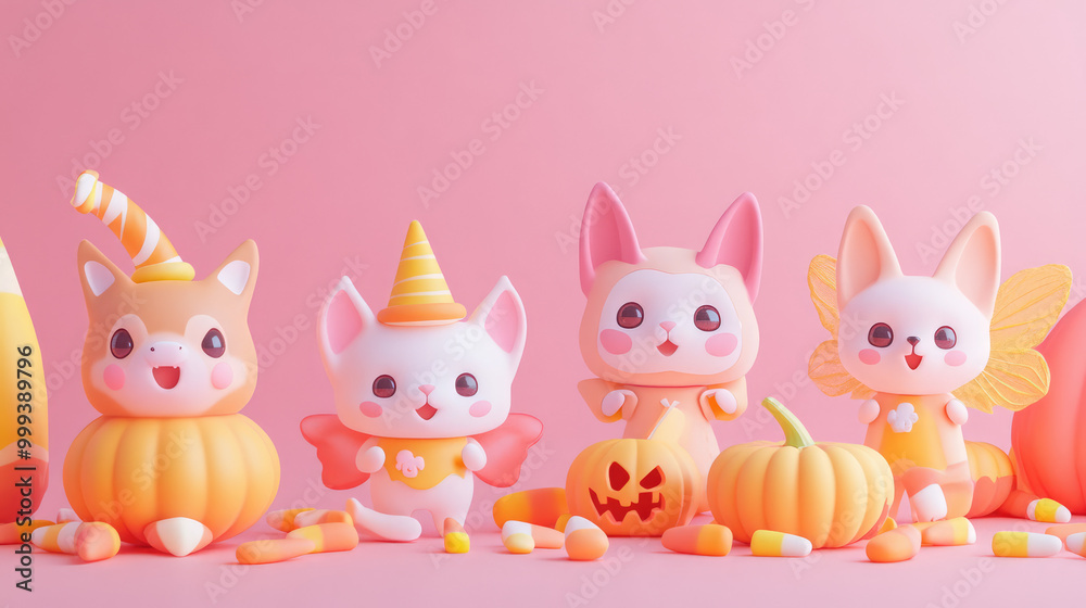 Naklejka premium Cute 3D pastel colored trick-or-treater in animal are standing in front of a pile of orange pumpkins