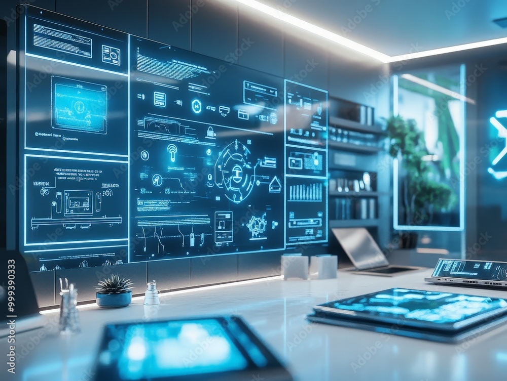 A smart home control center displaying IoT security measures, with all connected devices protected by encryption and firewalls. A smart home control center displaying IoT security measures, with all connected devices protected by encryption and firewalls.