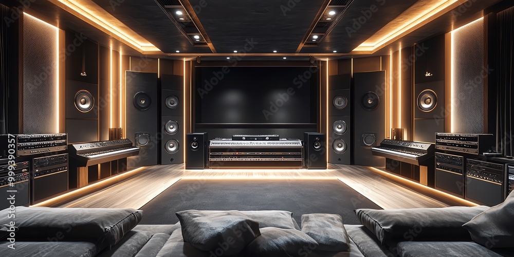 Modern home theater with a dark, minimalist design, featuring a large ... - Modern Minimalist Home Theater Design Style