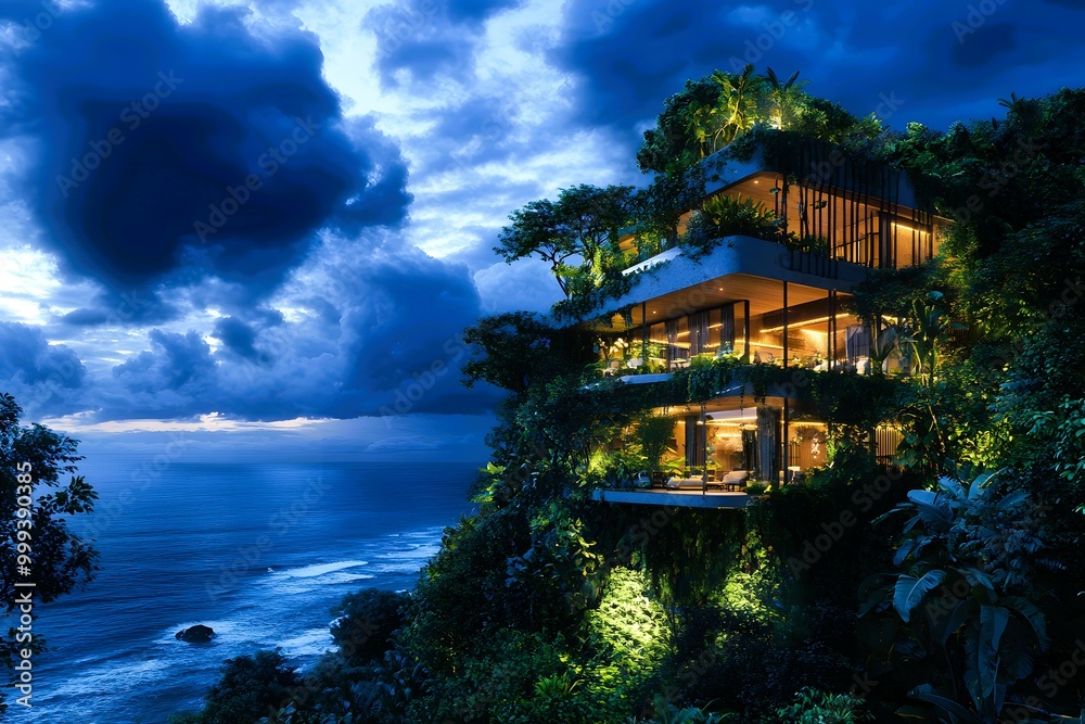 Obraz premium Modern Cliffside Villa with Ocean View and Lush Greenery at Dusk