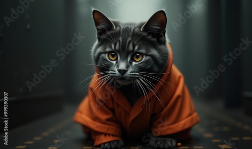 A playful cat dressed in an orange jumpsuit, exuding charm and humor, perfect for pet-themed projects or marketing campaigns.