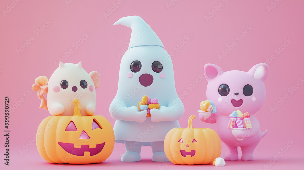 A group of Halloween themed cartoon characters are holding pumpkins A group of Halloween themed cartoon characters are holding pumpkins