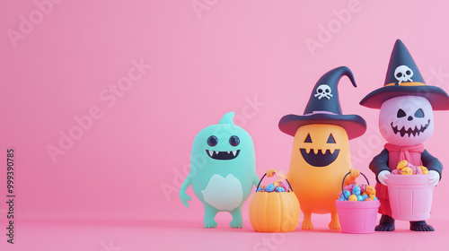 A group of Halloween characters are standing in front of a pink background