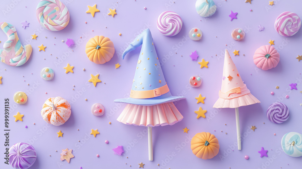 A colorful background with a variety of candies and a pair of wizard hats