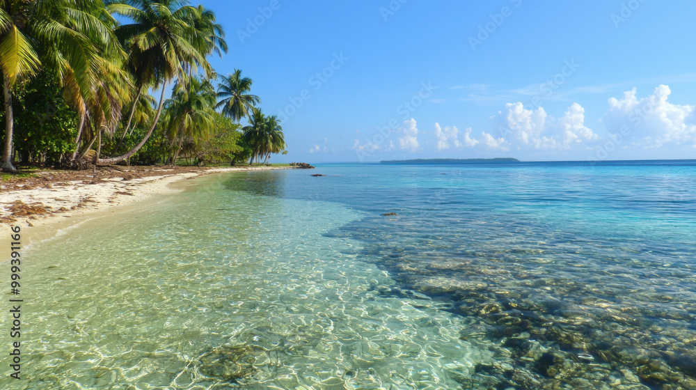 Fototapeta premium tropical beach with crystal clear water and palm trees swaying gently in breeze creates serene and inviting atmosphere. vibrant colors of ocean and lush greenery enhance beauty of this idyllic
