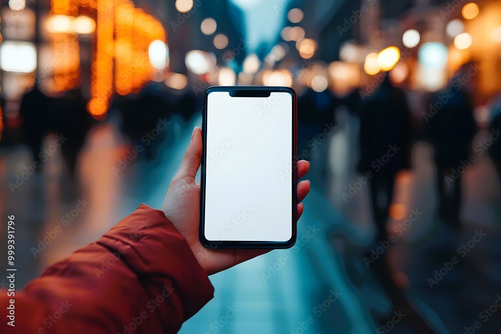 Smartphone Mockup with White Screen on a City Street at Night Smartphone Mockup with White Screen on a City Street at Night