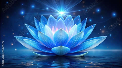 A beautiful blue lotus water lily flower glowing at night under aerial view