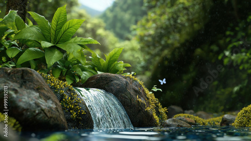 serene waterfall cascades over smooth rocks in secluded forest, surrounded by lush green foliage and vibrant plants. delicate butterfly flutters nearby, enhancing tranquil atmosphere