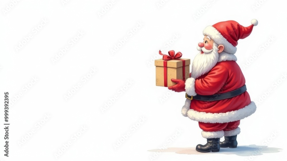 Santa Claus holding a Christmas gift on a white background. Place for text. Christmas, traditions and holiday concept Santa Claus holding a Christmas gift on a white background. Place for text. Christmas, traditions and holiday concept