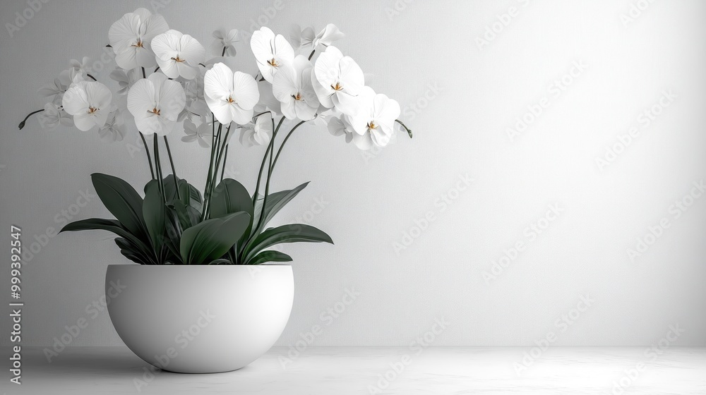 Elegant white orchids in a minimalist pot on a simple background. Elegant white orchids in a minimalist pot on a simple background.