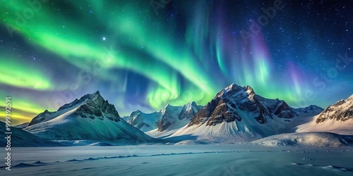 A breathtaking view of Northern Lights dancing over a snowy mountain range photo